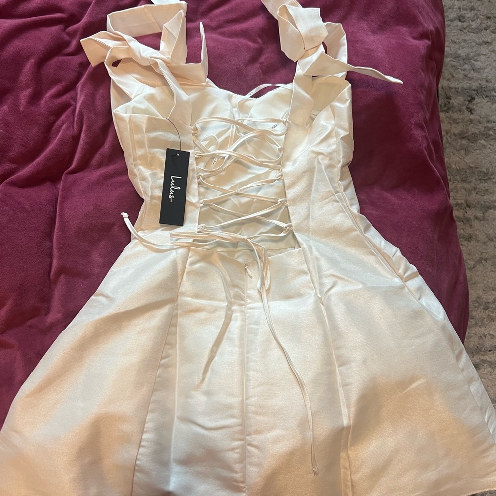Glamorous Luxury Champagne Taffeta Bow Lace Up Mini Dress - Picture 4 of 5